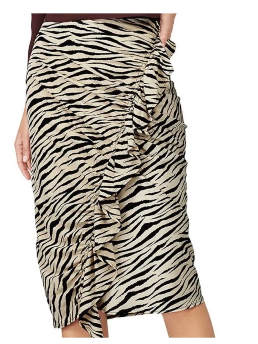 ALC Metz Silk Black & Cream Zebra Stripe Print Ruched Ruffle Midi Skirt Size 6